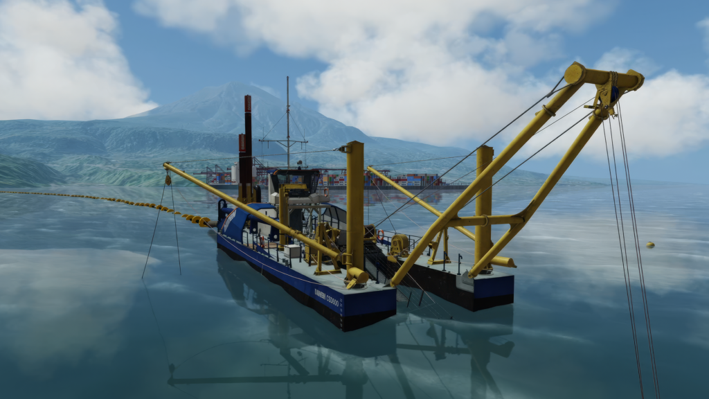 3D-simulatie van een Damen CSD600 Cutter Suction Dredger op het water, omgeven door golven en een bergachtige achtergrond